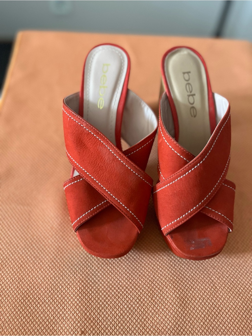 bebe Orange Red Crisscross Slide Mules